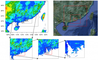 The model domain configuration for real-time high-resolution weather analysis and production of 5-year microclimatology for Shenzhen metropolitan areas. The terrain height is shown in color shades.