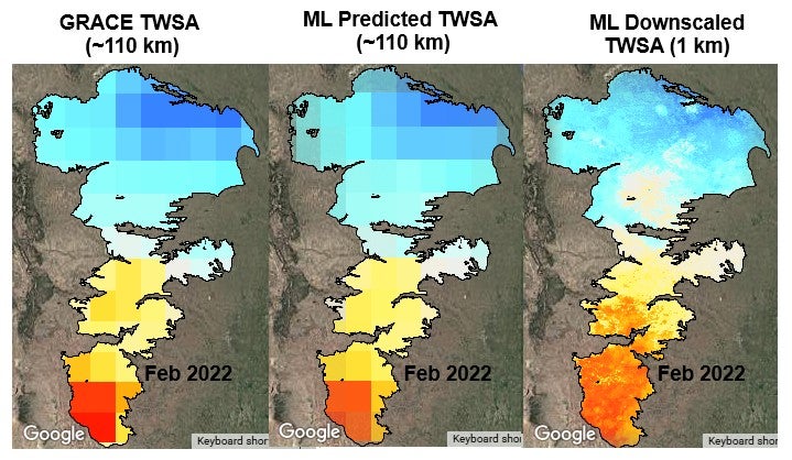 Comparison of GRACE TWSA with ML predicted and downscale results.