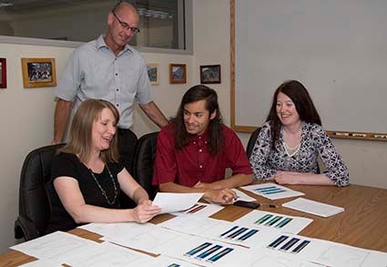 SOARS protégé Steven Naegele (seated, middle) with RAL research mentors (left to right) Sarah Tessendorf, Greg Thompson and Trude Eidhammer.