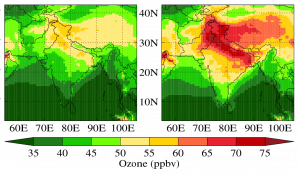 Maximum daily average 8-hour surface ozone over South Asia for the present day (1995-2004, left) and future (2045-2054, right) RCP 8.5 scenarios.