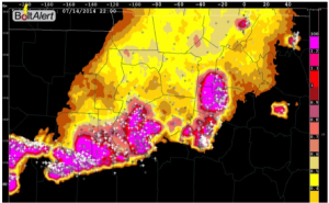 BoltAlert® lightning potential (high risk in magenta) and actual strikes.