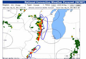 NCWF detection field (fill) with storm motion vectors and 1 hour extrapolation forecast locations (blue polygons).