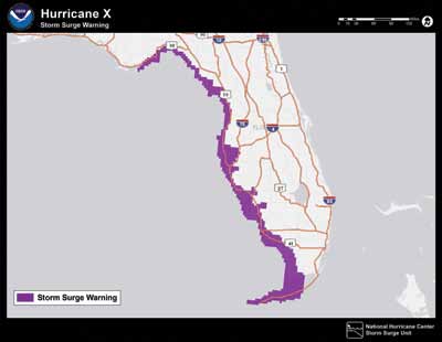 Prototype of map showing general area under a storm surge warning.