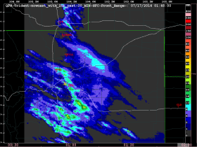 Trident 30 min nowcast with 2 hour past rainfall accumulations (in mm).