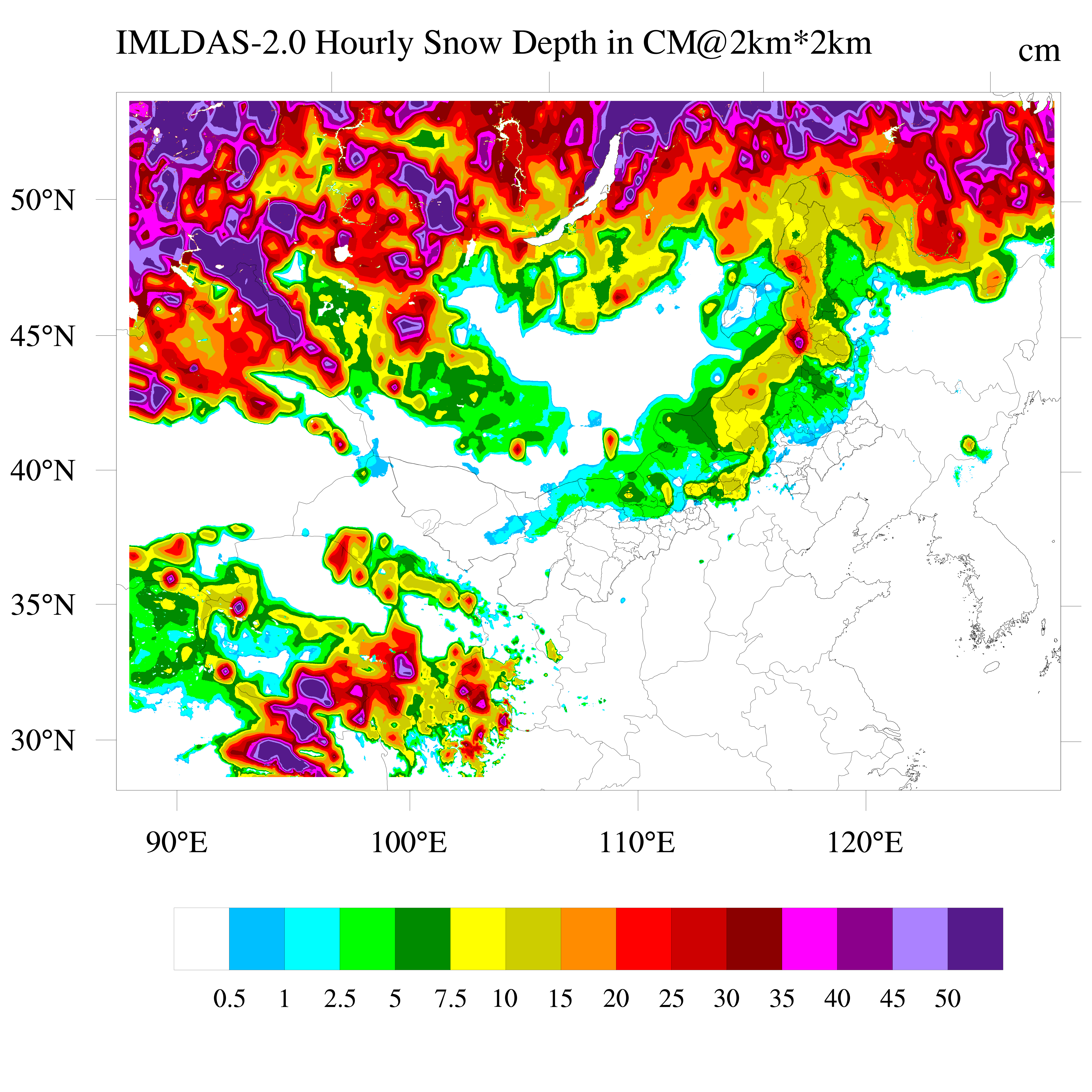 Image of snow depth over mongolia during a thunder snow event in october of 2019