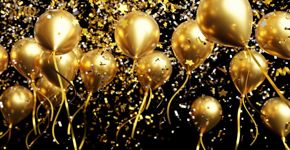 Gold balloons with foil confetti falling on black background 3d render