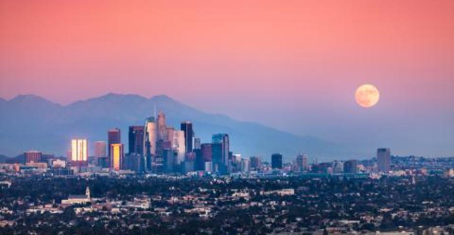 Superman moonrise over the downtown Los Angeles skyline and the San Gabriel Mountains, as seen from the Baldwin Hills Scenic Overlook, November 13th, 2016.