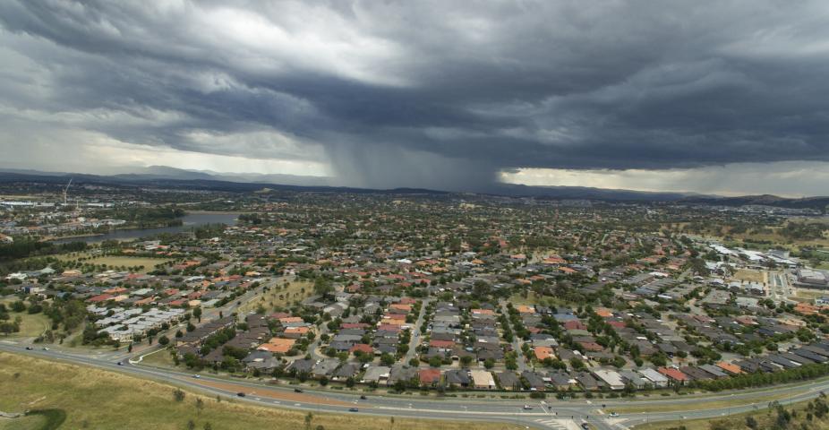 Aerial view of stormy weather looking towards Amaroo Gungahlin, Australia.