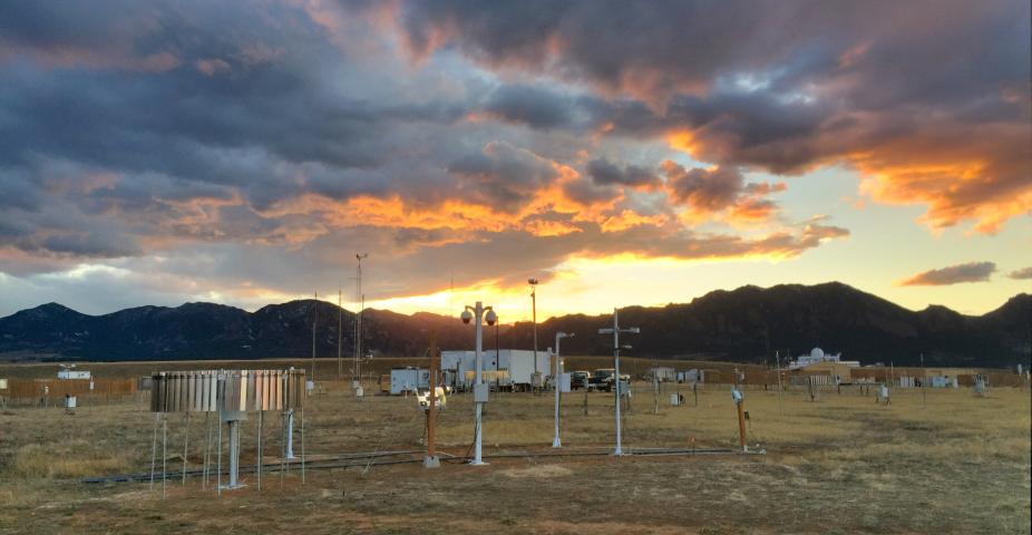 Sunset panorama of the Marshall Field Site with the Foothills in the background.