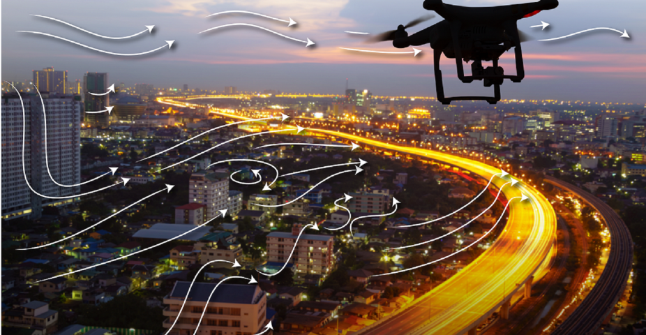 drone over city with winds