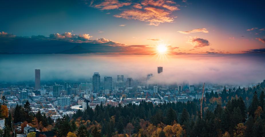 A photograph of Portland downtown with rolling fog and autumn foliage in shining sunrise and colorful clouds