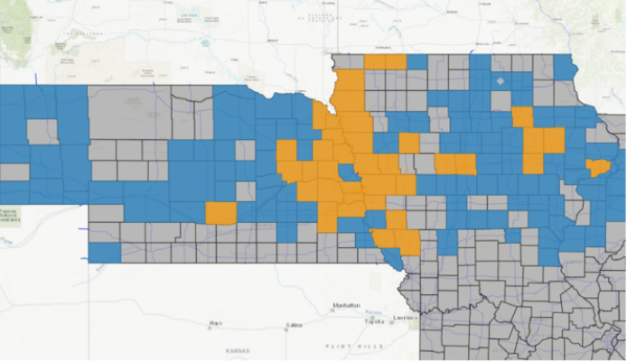 Output from the RFSI during the March 2019 rain-on-snow / ice jamming flooding event along the Missouri River. Blue counties were identified by the model as “no flooding” while orange counties were highlighted for possible flooding. Gray counties lacked sufficient data for the model to make a prediction. 