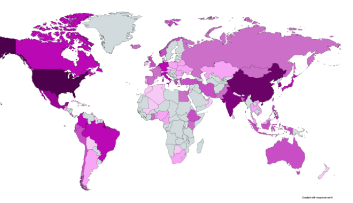 WRF-Hydro UsagebyCountryofWRFHydroOnlineResources2016-2019