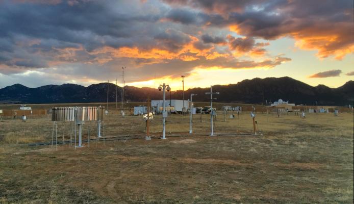 Sunset panorama of the Marshall Field Site with the Foothills in the background.