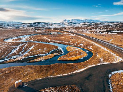 Iceland aerial view Landscape with snow and clouds