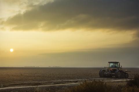 field with farmer's equipment hazy sky