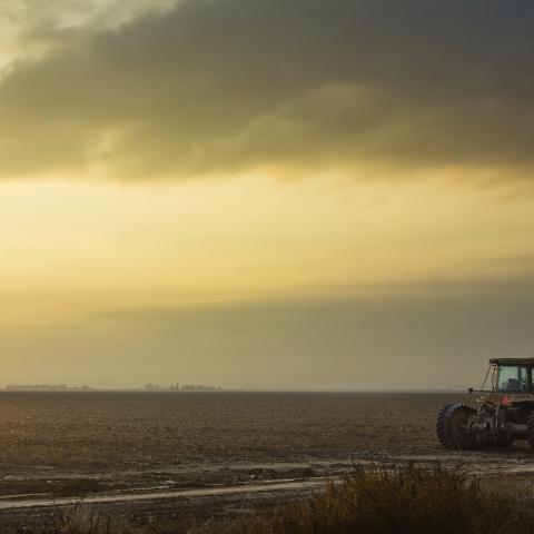 field with farmer's equipment hazy sky