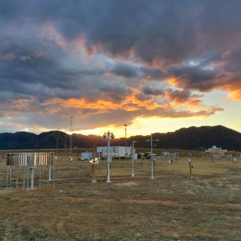 Sunset panorama of the Marshall Field Site with the Foothills in the background.