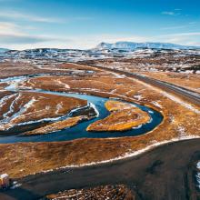 Iceland aerial view Landscape with snow and clouds