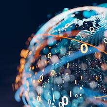Earth represented by little dots, binary code and lines - big data, global business, cryptocurrency 3D render
