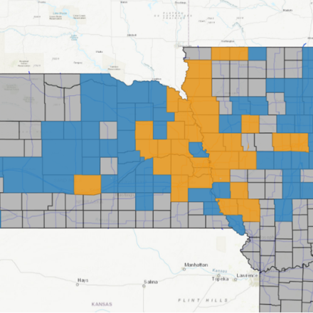 Output from the RFSI during the March 2019 rain-on-snow / ice jamming flooding event along the Missouri River. Blue counties were identified by the model as “no flooding” while orange counties were highlighted for possible flooding. Gray counties lacked sufficient data for the model to make a prediction. 